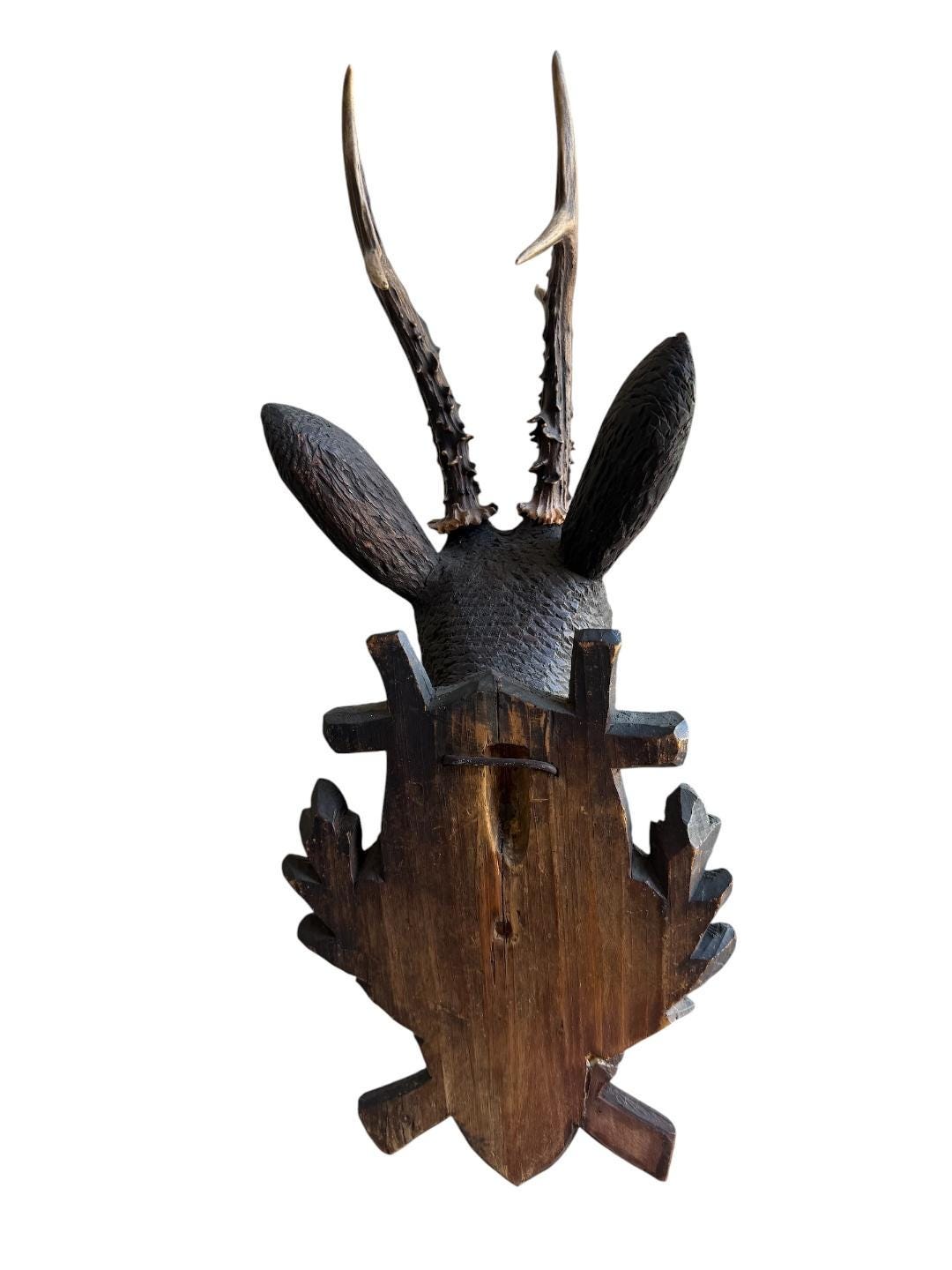 Black Forest Hand-Carved Wood Deer Head with Real Antlers