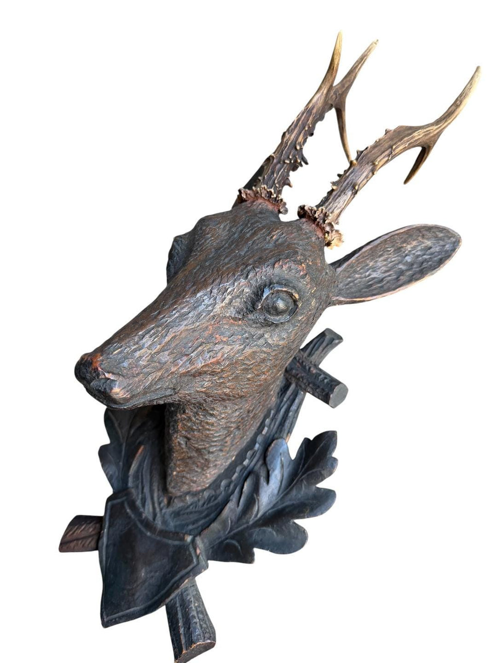 Black Forest Hand-Carved Wood Deer Head with Real Antlers
