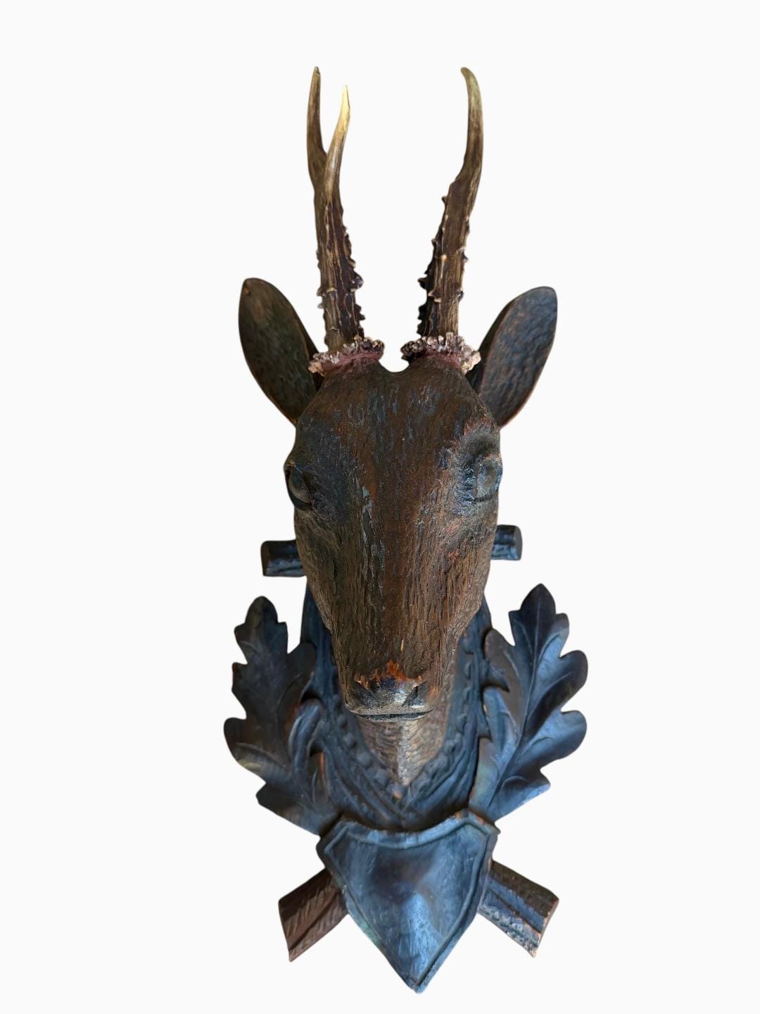 Black Forest Hand-Carved Wood Deer Head with Real Antlers