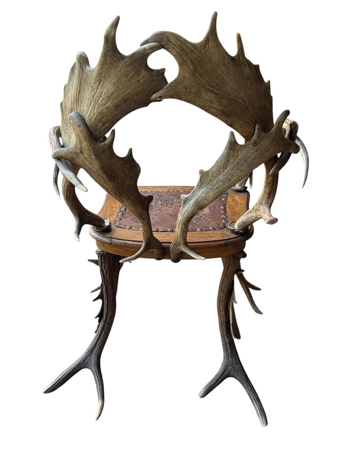 German Antler Chair with Leather Seat, Rustic Trophy-Style Armchair