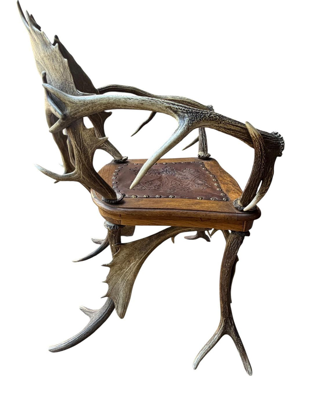 German Antler Chair with Leather Seat, Rustic Trophy-Style Armchair