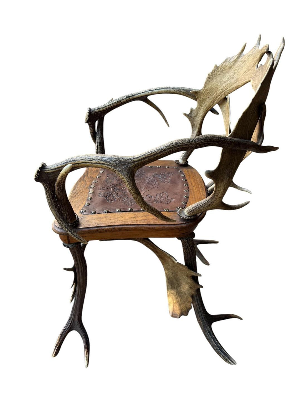 German Antler Chair with Leather Seat, Rustic Trophy-Style Armchair