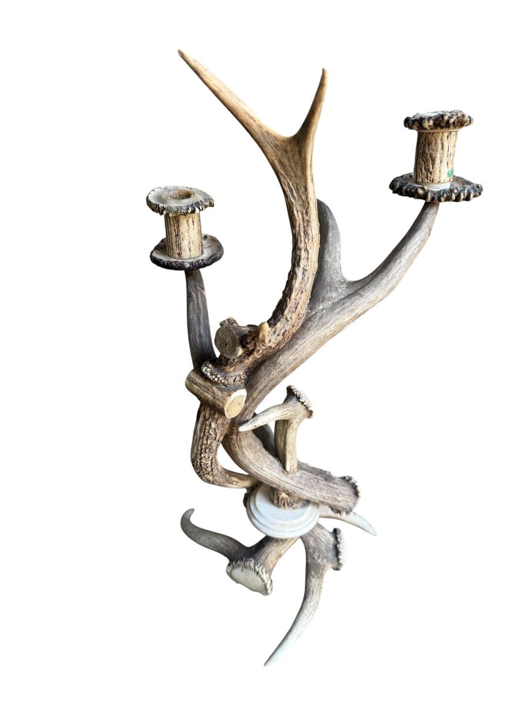 Pair of Black Forest Antler Candelabras, Rustic Alpine Candle Holders