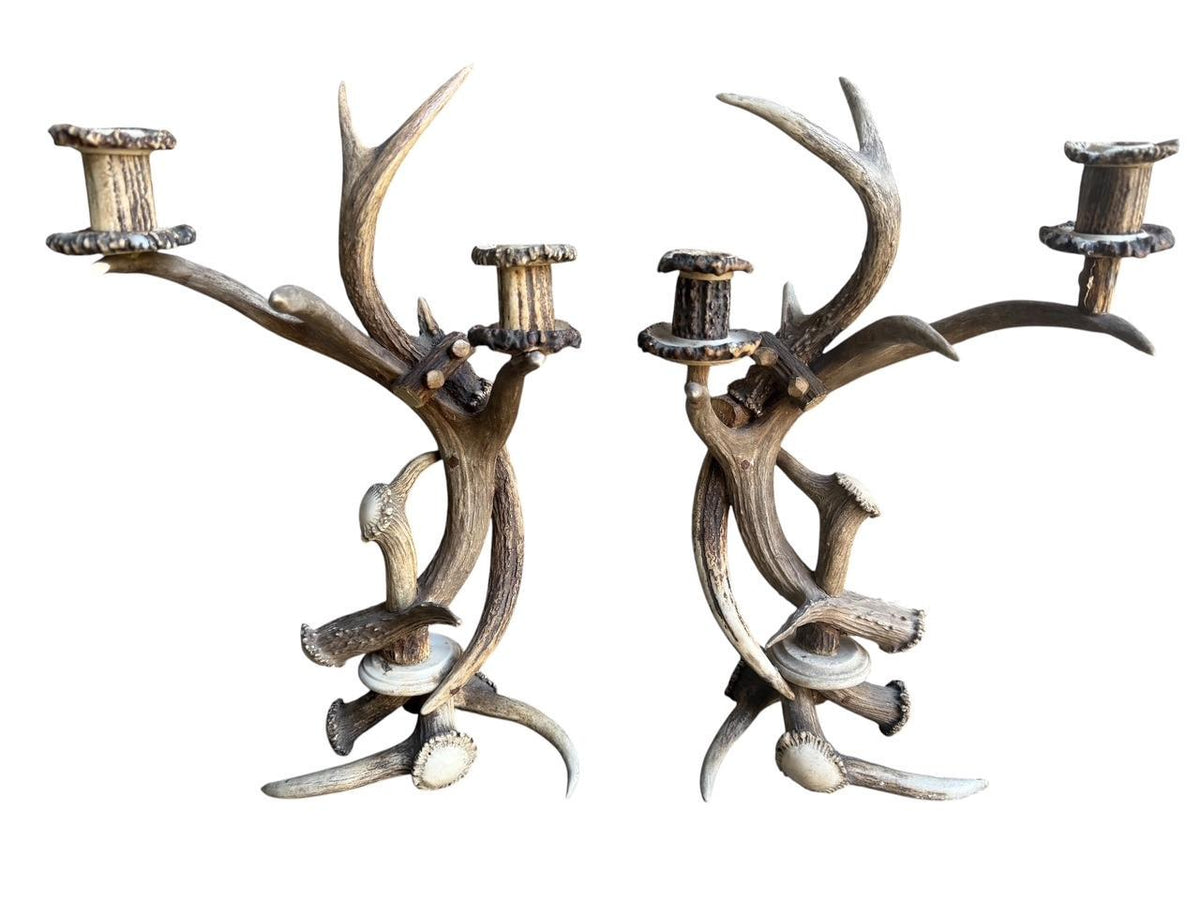 Pair of Black Forest Antler Candelabras, Rustic Alpine Candle Holders