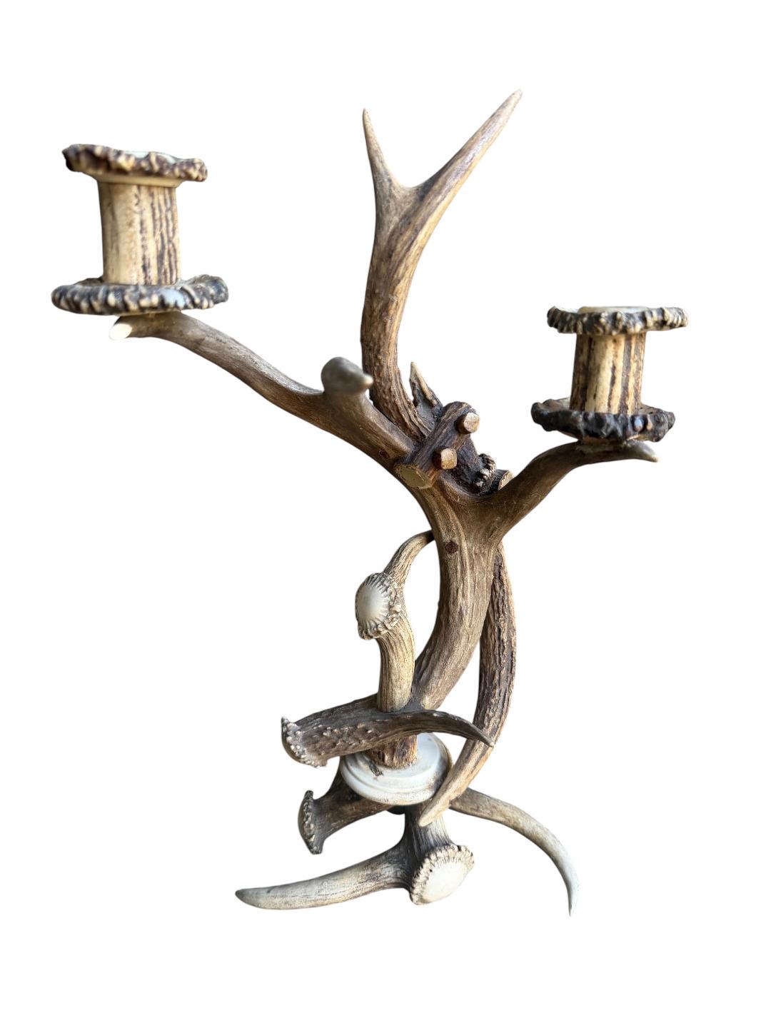Pair of Black Forest Antler Candelabras, Rustic Alpine Candle Holders