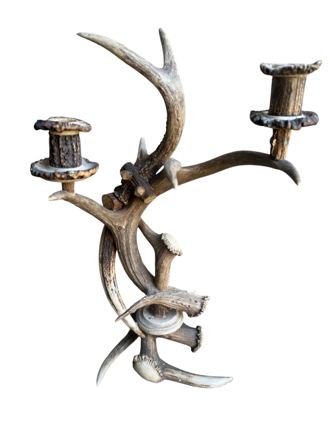 Pair of Black Forest Antler Candelabras, Rustic Alpine Candle Holders