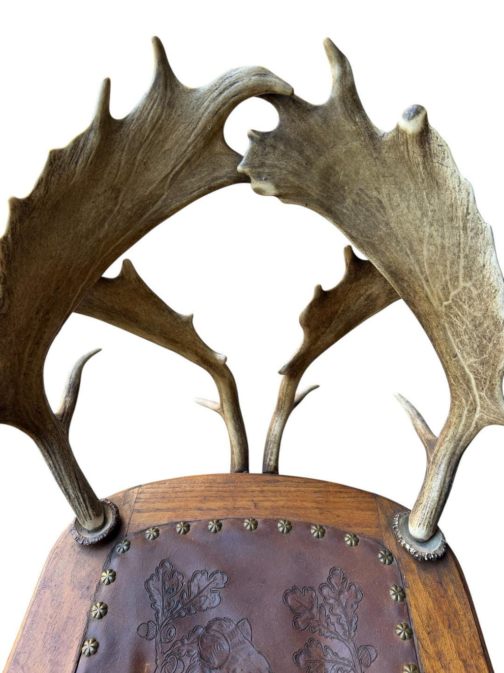 German Antler Chair with Leather Seat, Rustic Trophy-Style Armchair