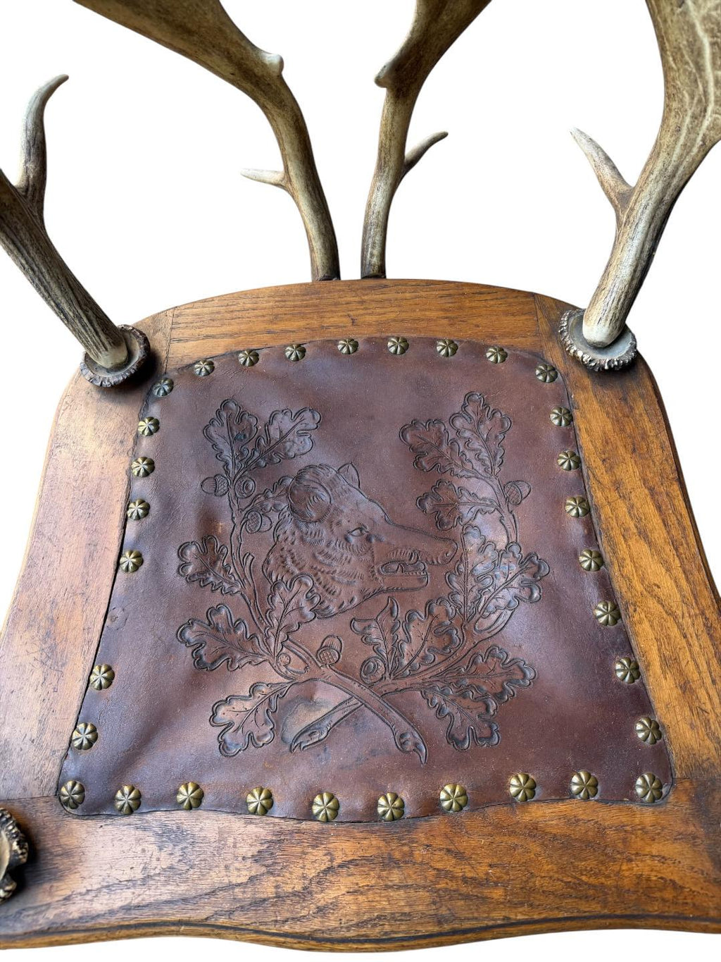 German Antler Chair with Leather Seat, Rustic Trophy-Style Armchair