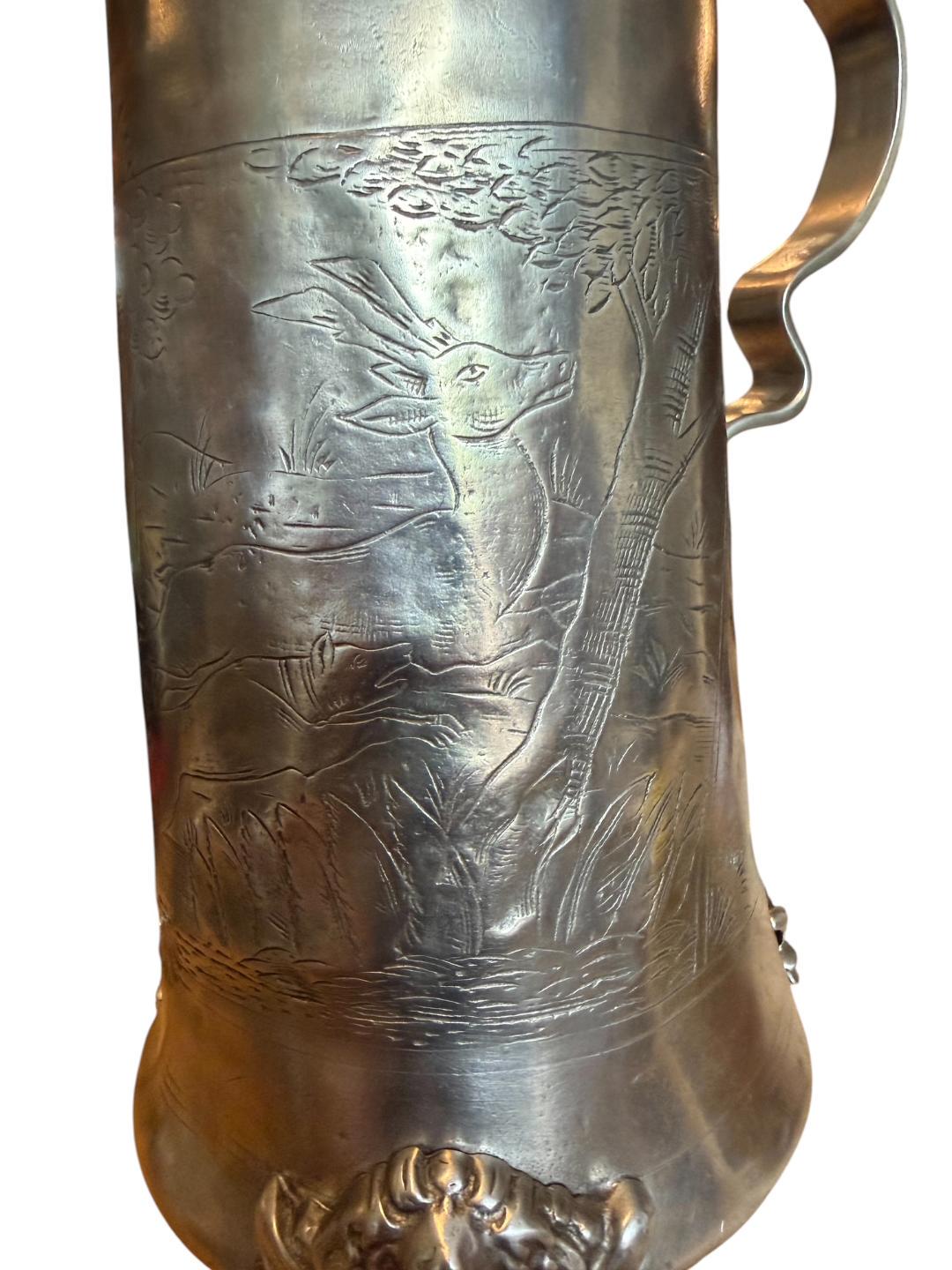 1970s Pewter Stein with Hunting Scene, Hunter and Deer