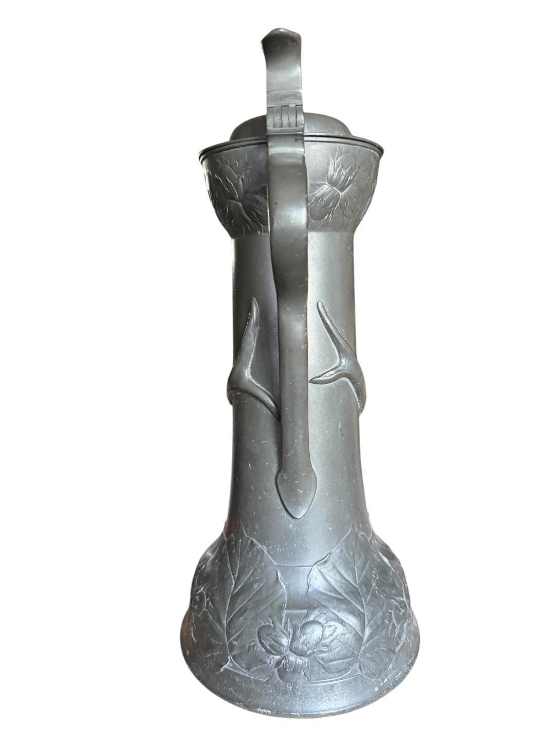 Kayserzinn 4305 Jugendstil Pewter Pitcher with Wood and Deer Antler