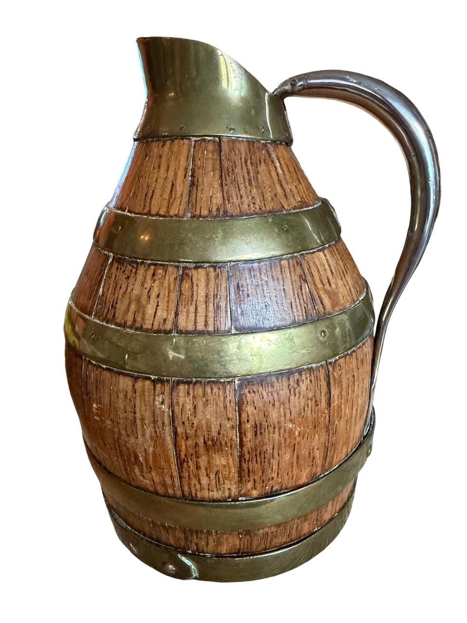 Vintage French Oak and Brass Banded Pitcher, 1900s