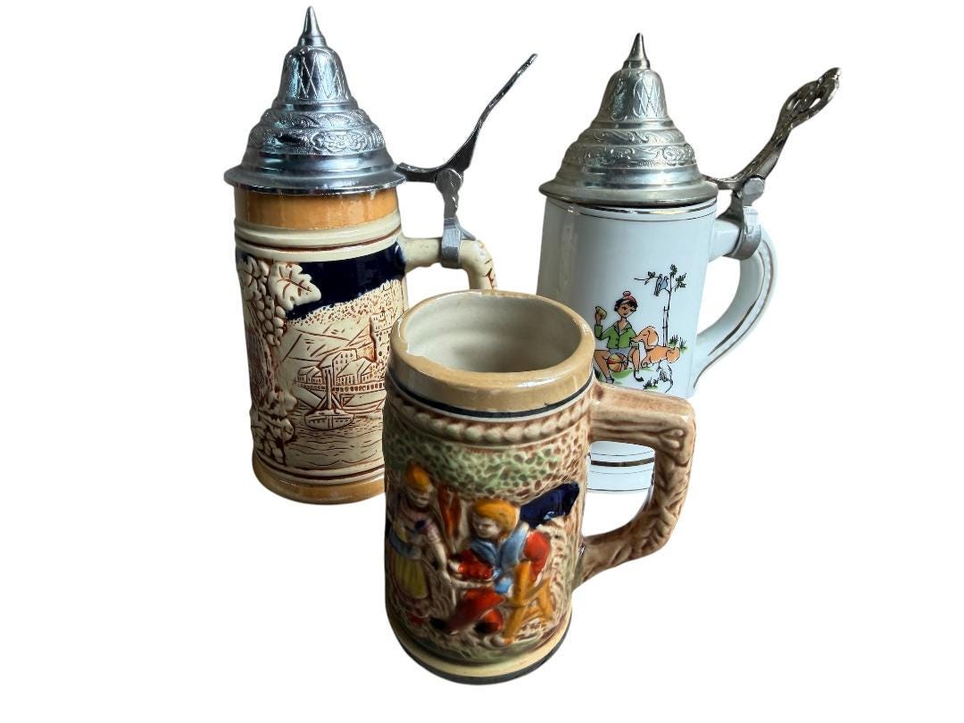 Set of 3 Vintage German Beer Steins, 3.5 to 6 Inches Tall