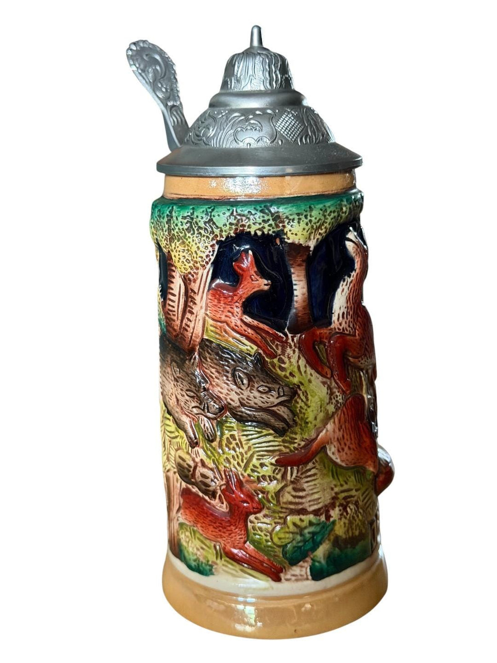 Vintage German Beer Stein with Stag and Fox Handle