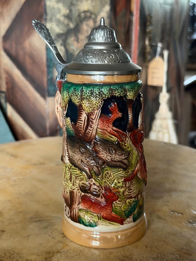 Vintage German Beer Stein with Stag and Fox Handle