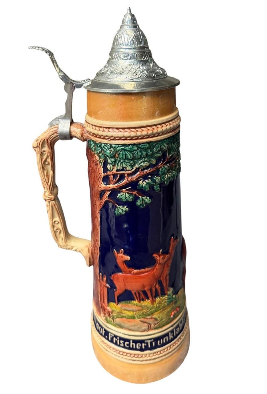 Large 2L German Stein with Stag, Deer, and Trees
