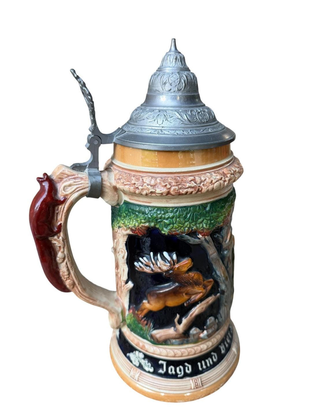 Large 2L German Stein with Hunter, Stag, and Squirrel Handle