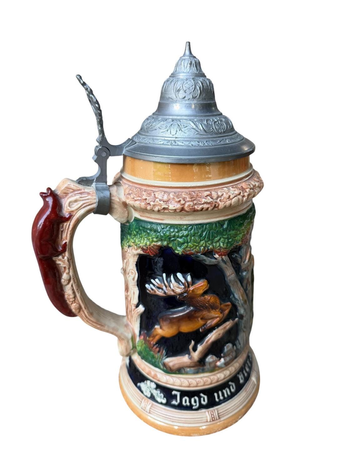 Large 2L German Stein with Hunter, Stag, and Squirrel Handle