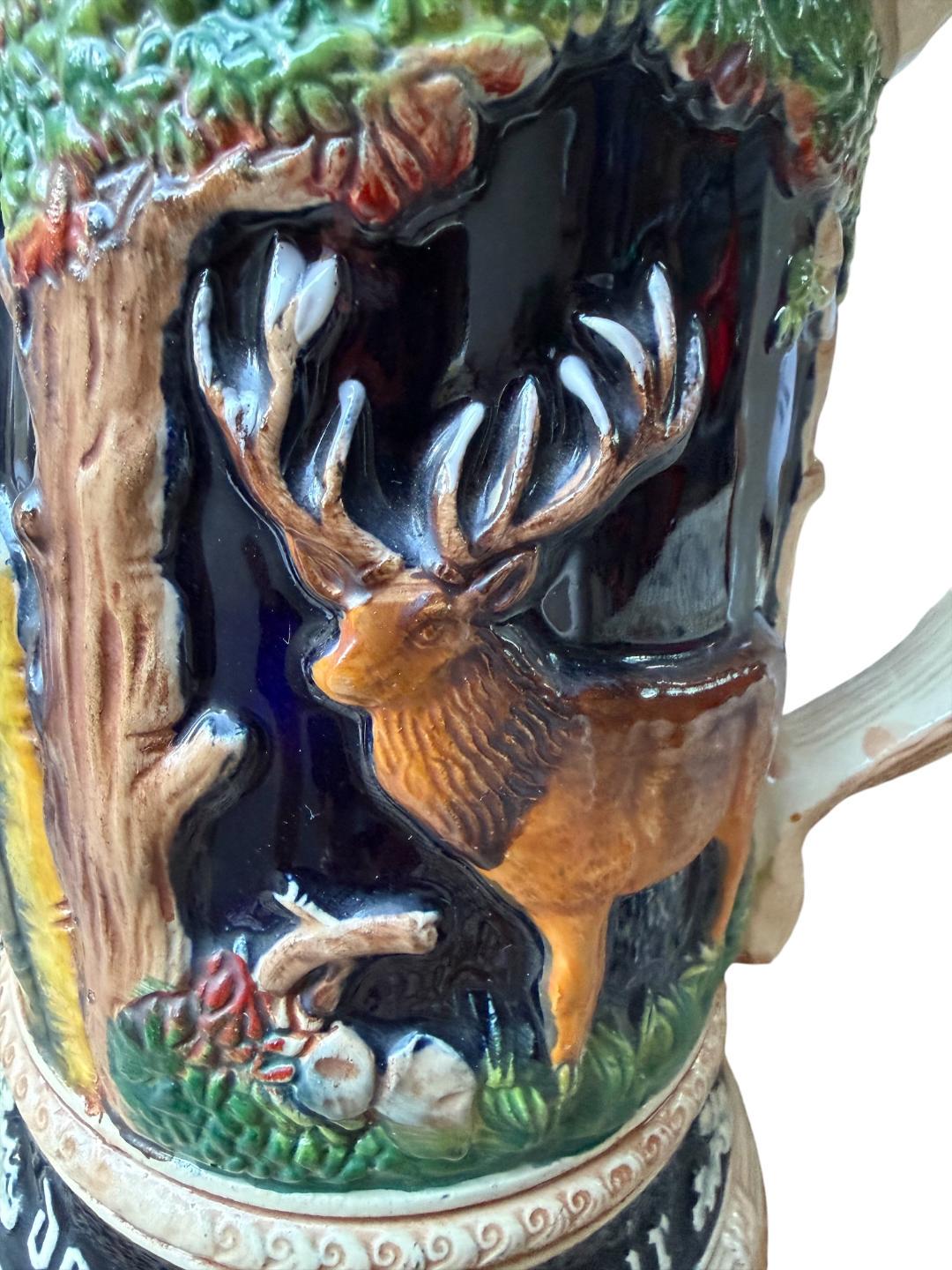 Large 2L German Stein with Hunter, Stag, and Squirrel Handle