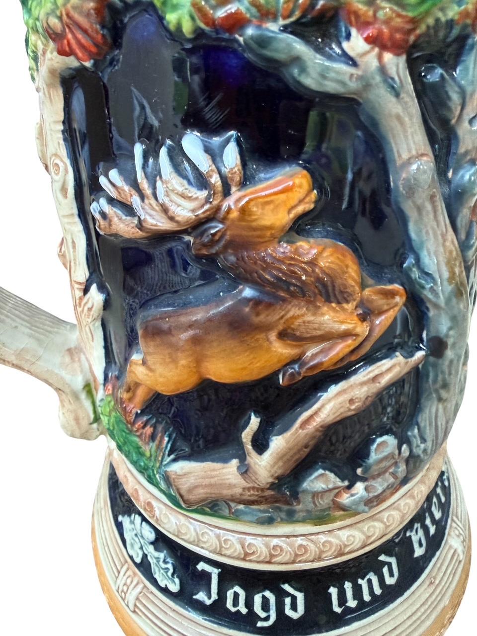 Large 2L German Stein with Hunter, Stag, and Squirrel Handle