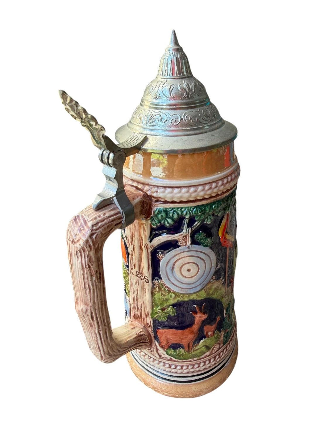 Vintage German Stein with Hunter, Stag, and Shooting Motif