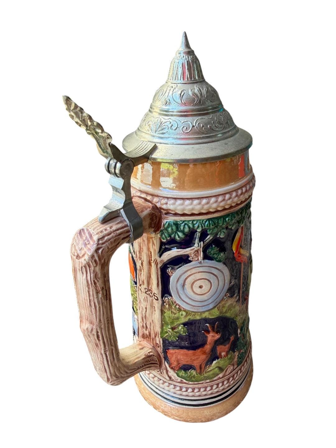 Vintage German Stein with Hunter, Stag, and Shooting Motif