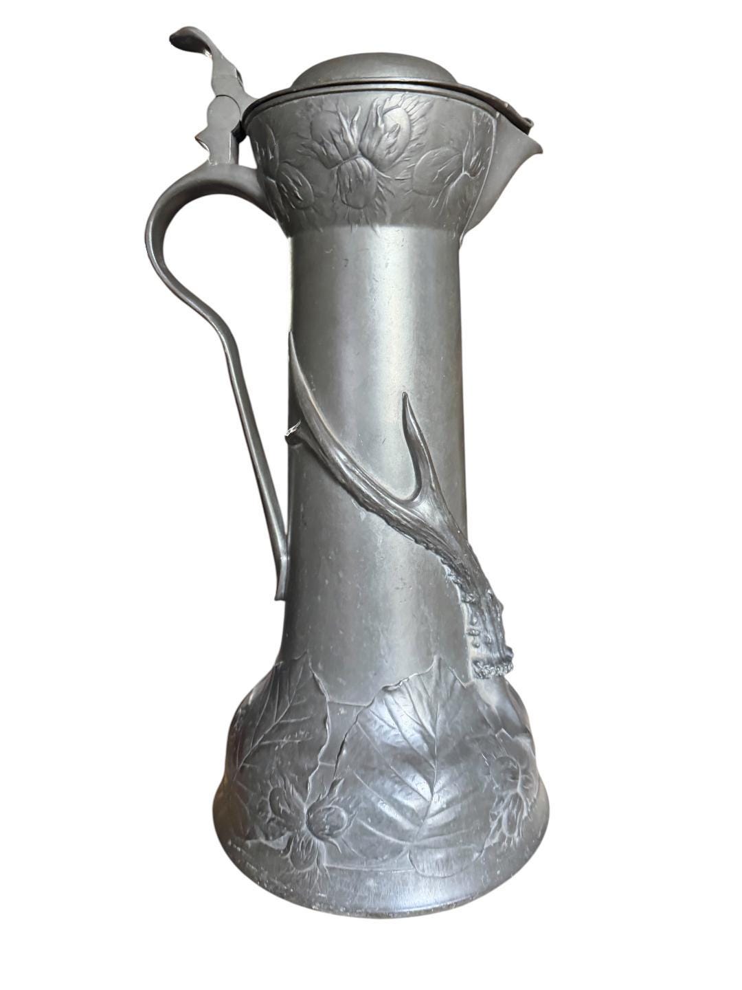 Kayserzinn 4305 Jugendstil Pewter Pitcher with Wood and Deer Antler