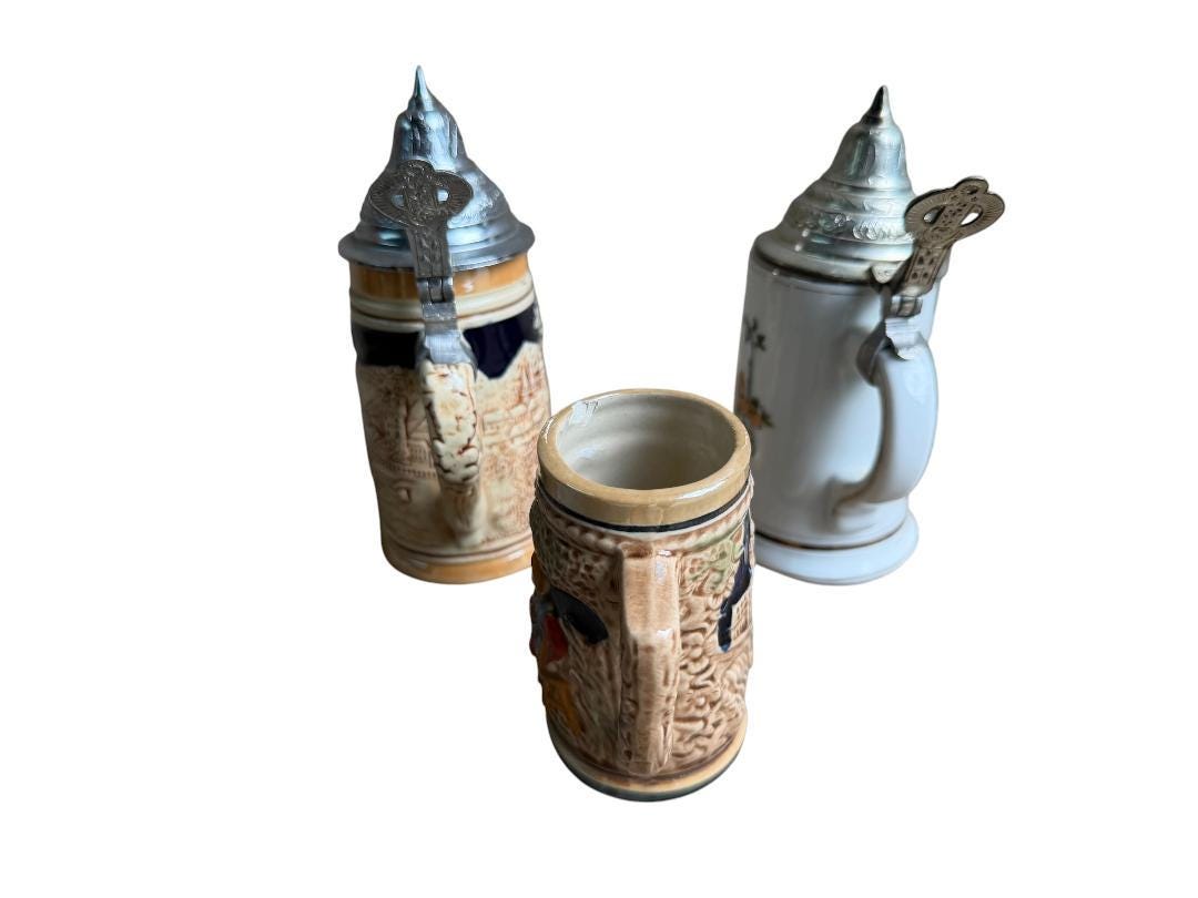 Set of 3 Vintage German Beer Steins, 3.5 to 6 Inches Tall