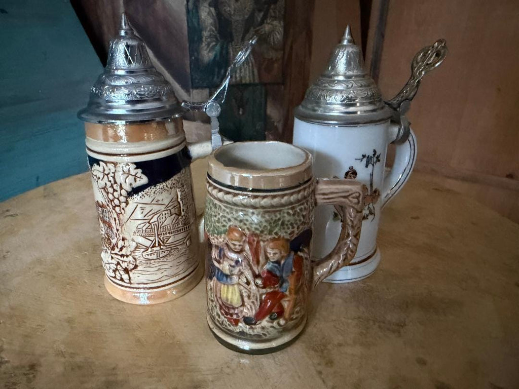 Set of 3 Vintage German Beer Steins, 3.5 to 6 Inches Tall