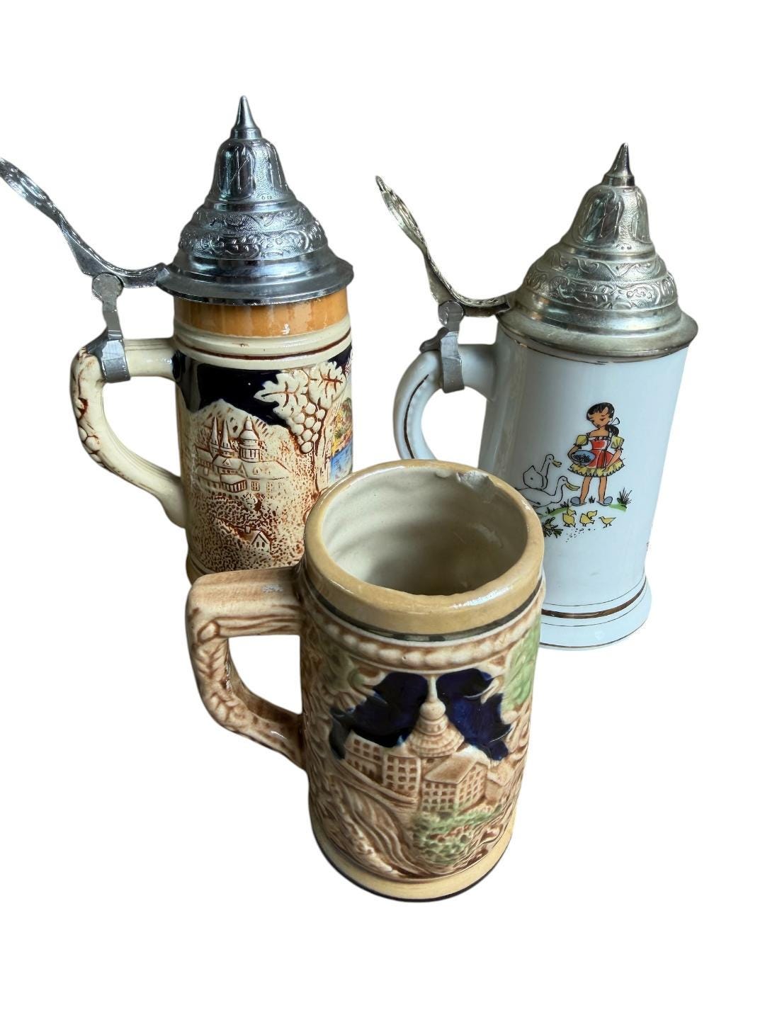 Set of 3 Vintage German Beer Steins, 3.5 to 6 Inches Tall