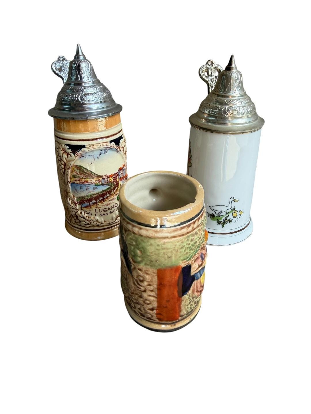 Set of 3 Vintage German Beer Steins, 3.5 to 6 Inches Tall