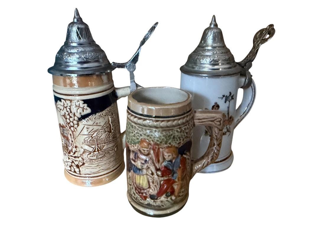 Set of 3 Vintage German Beer Steins, 3.5 to 6 Inches Tall