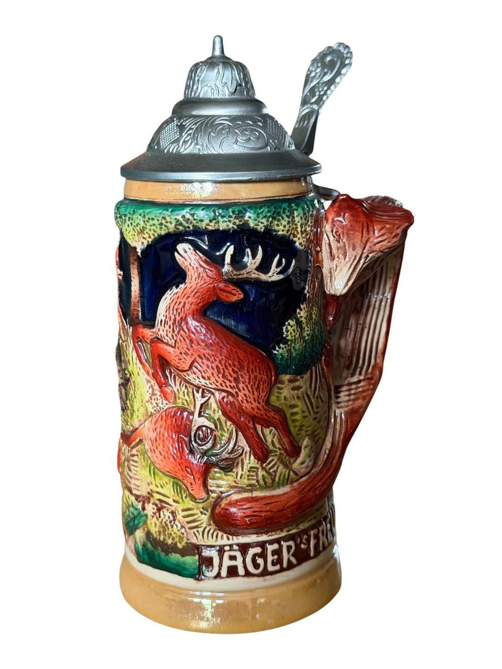 Vintage German Beer Stein with Stag and Fox Handle
