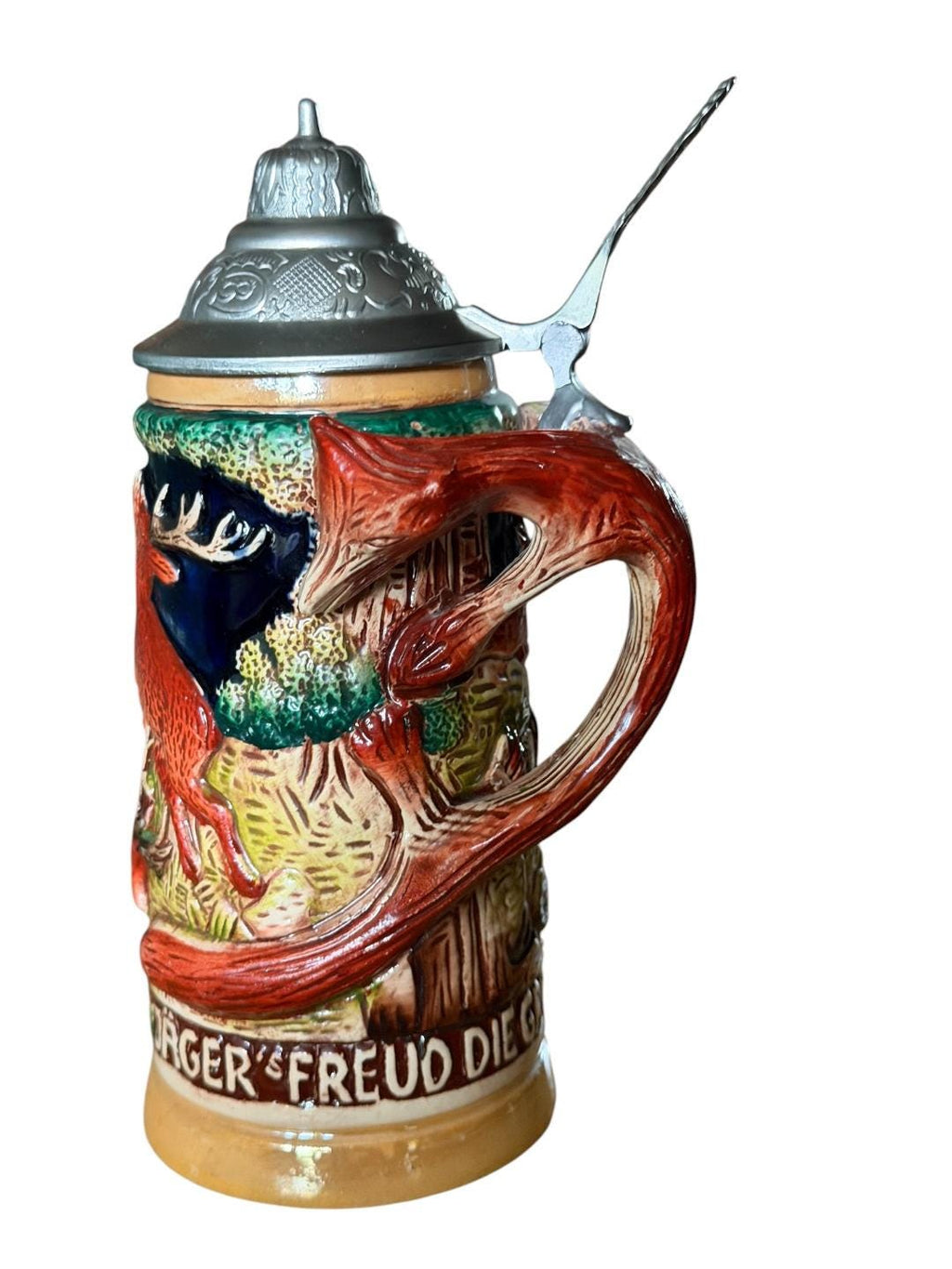 Vintage German Beer Stein with Stag and Fox Handle