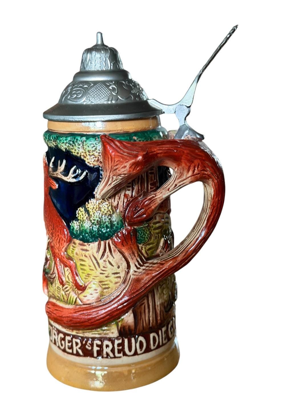 Vintage German Beer Stein with Stag and Fox Handle