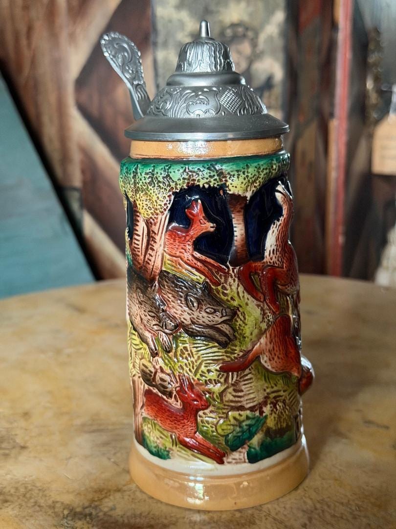 Vintage German Beer Stein with Stag and Fox Handle