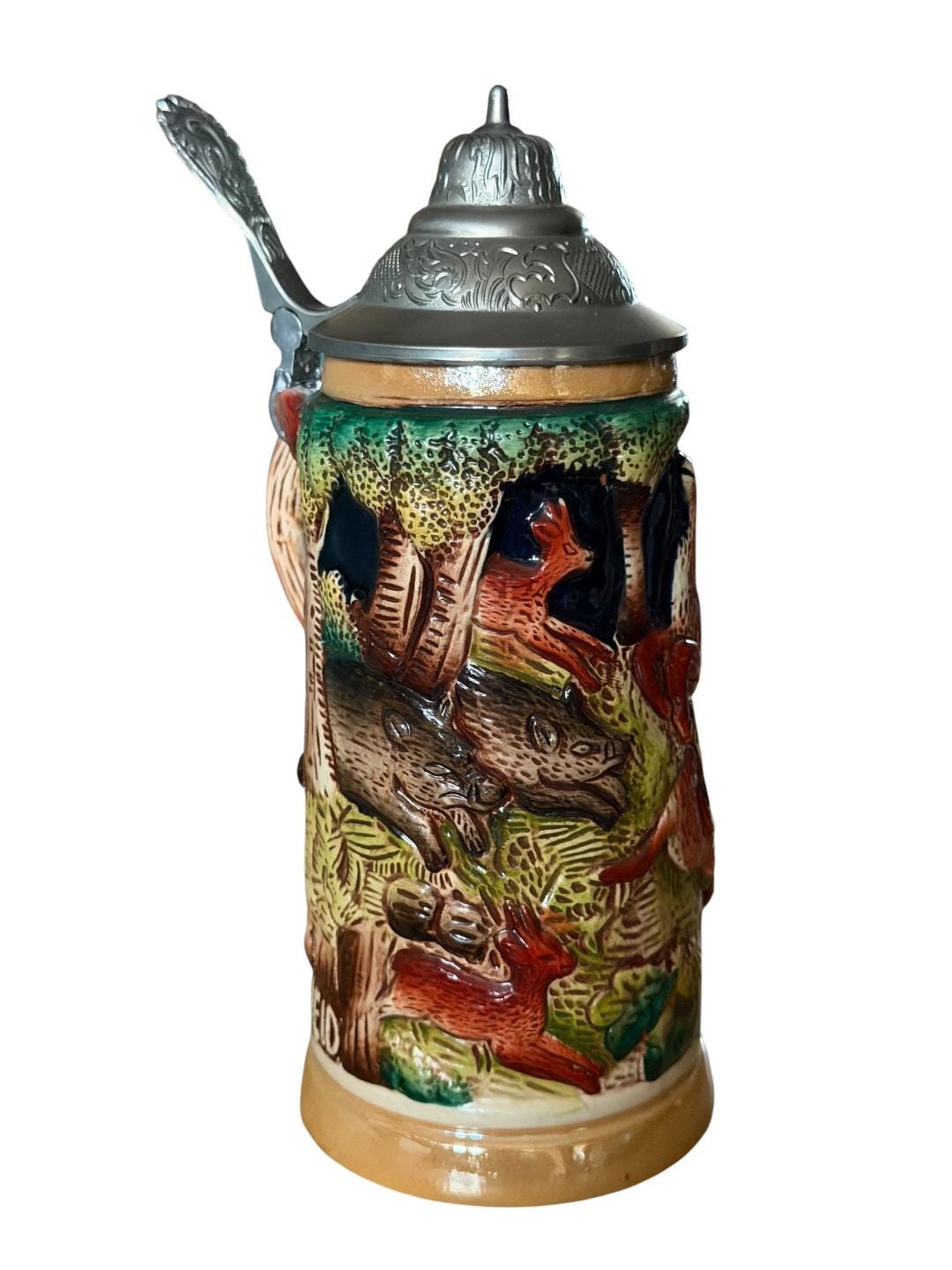 Vintage German Beer Stein with Stag and Fox Handle