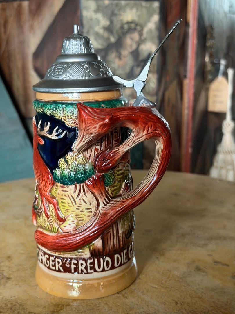 Vintage German Beer Stein with Stag and Fox Handle