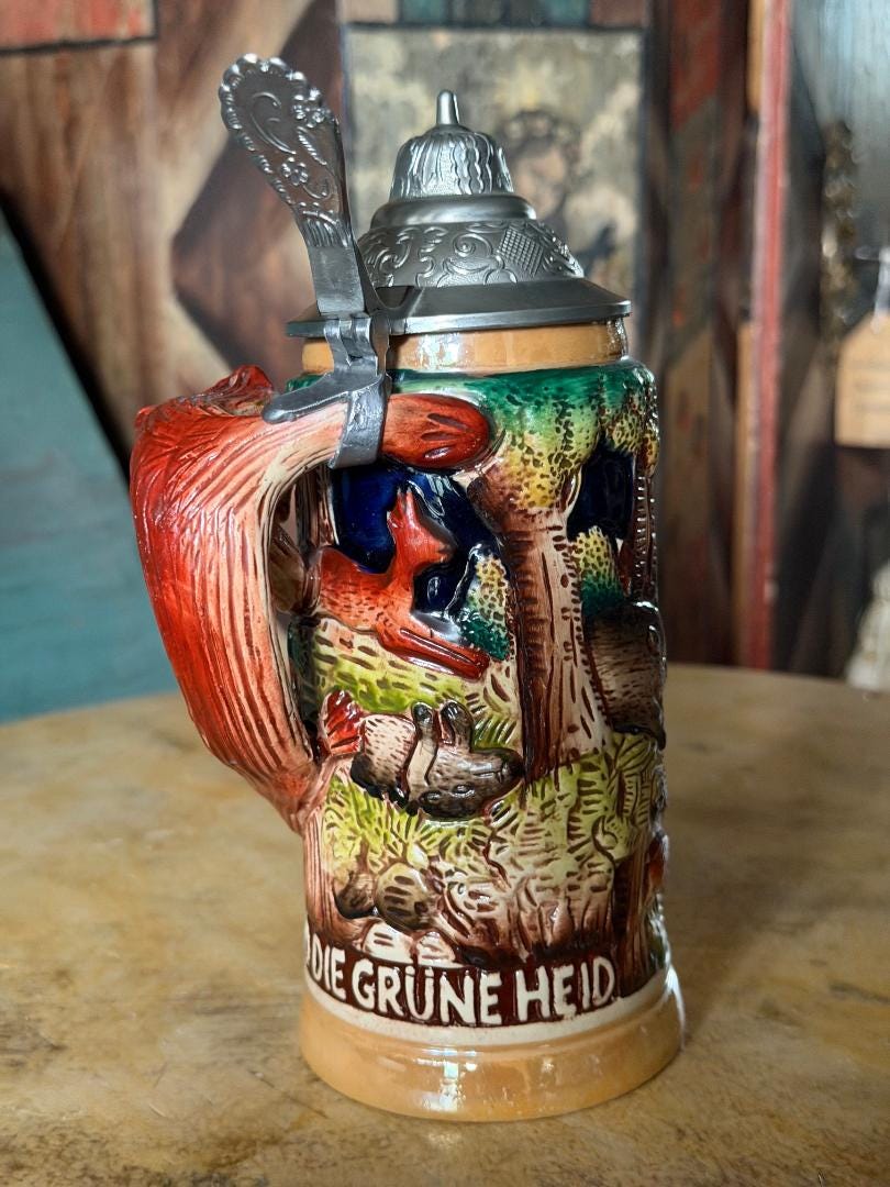 Vintage German Beer Stein with Stag and Fox Handle