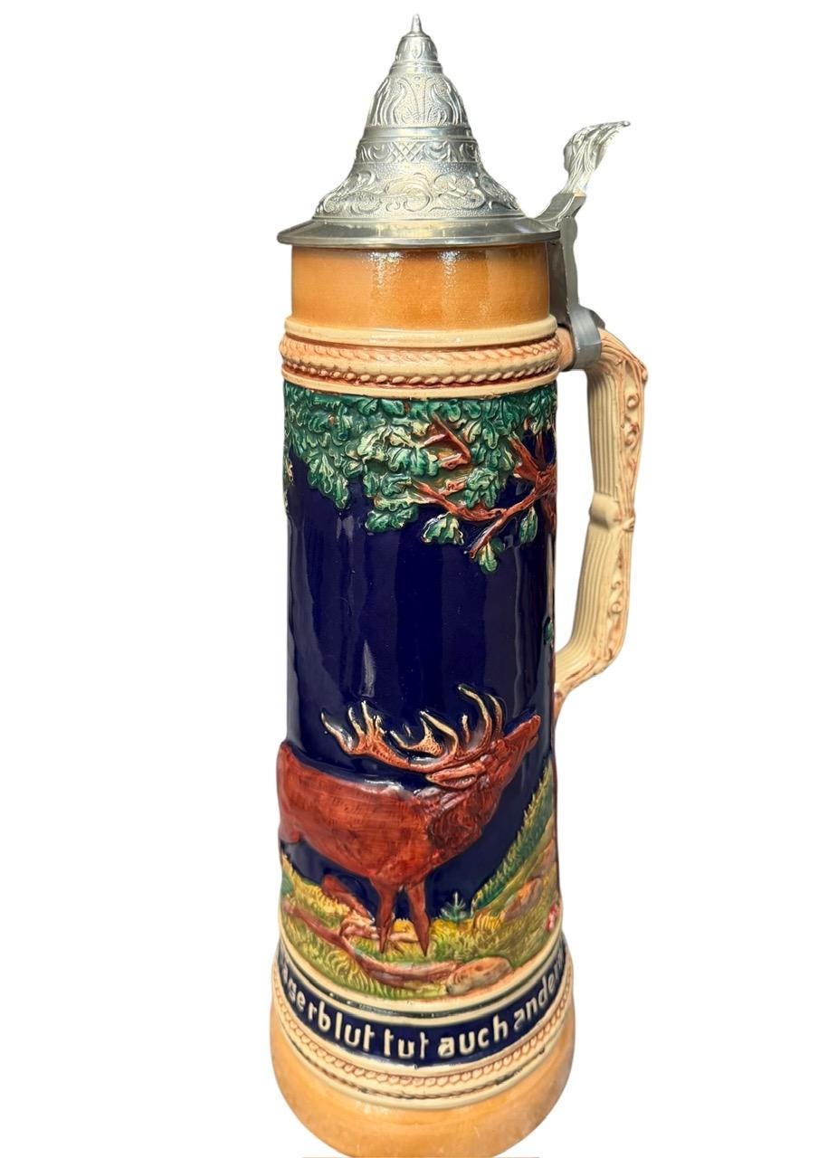 Large 2L German Stein with Stag, Deer, and Trees
