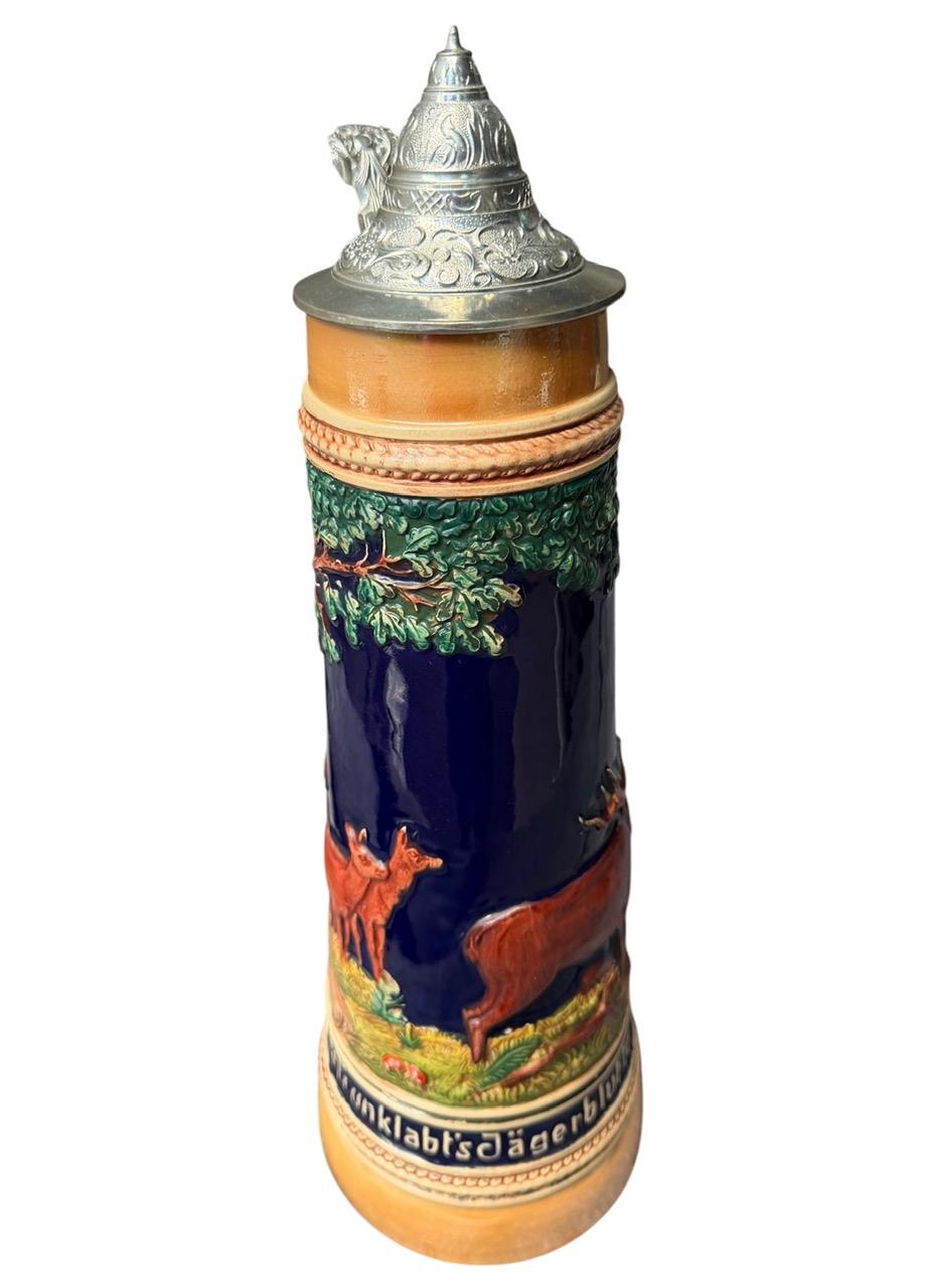 Large 2L German Stein with Stag, Deer, and Trees