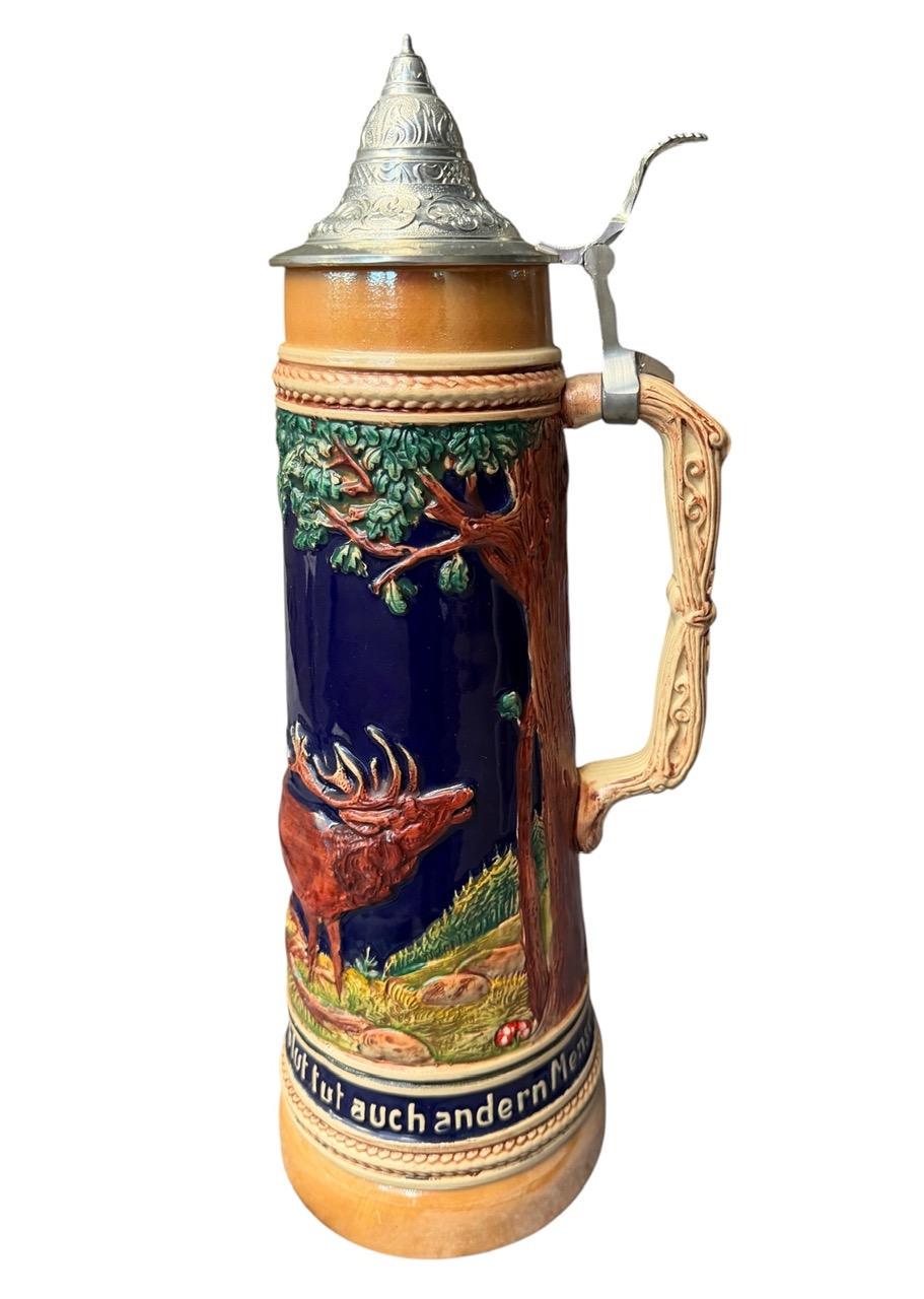 Large 2L German Stein with Stag, Deer, and Trees