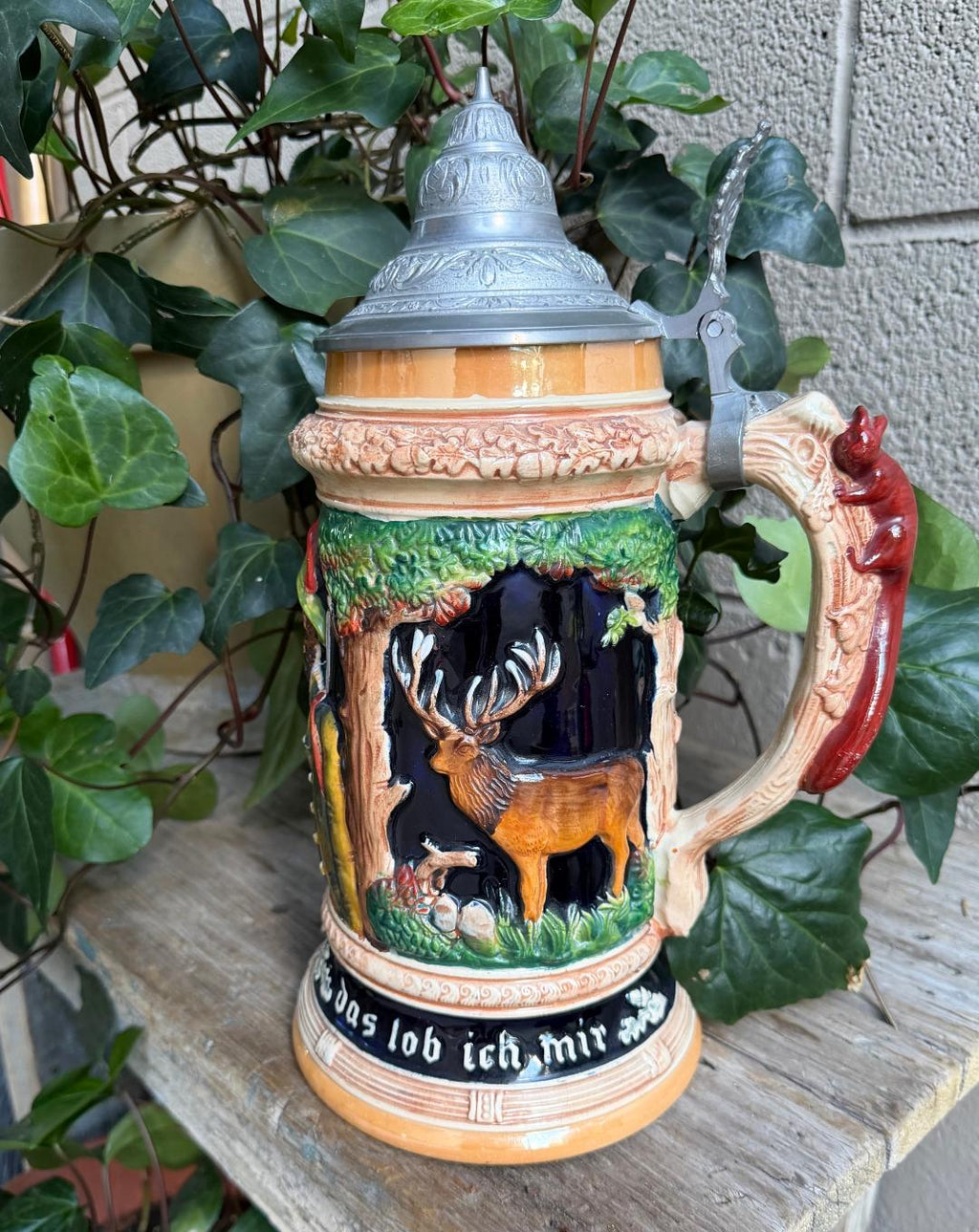 Large 2L German Stein with Hunter, Stag, and Squirrel Handle