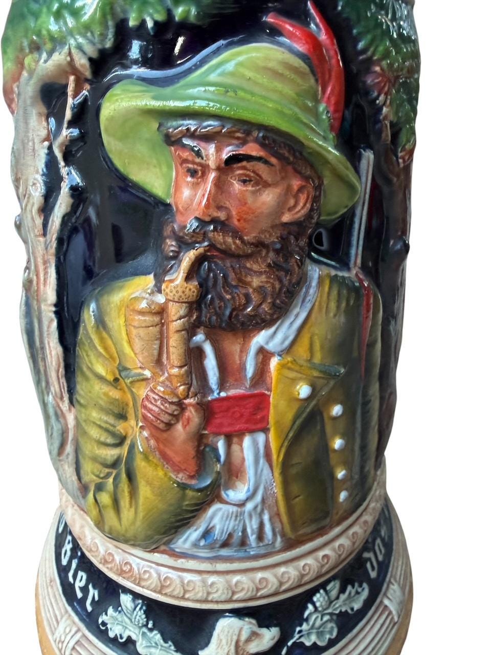 Large 2L German Stein with Hunter, Stag, and Squirrel Handle
