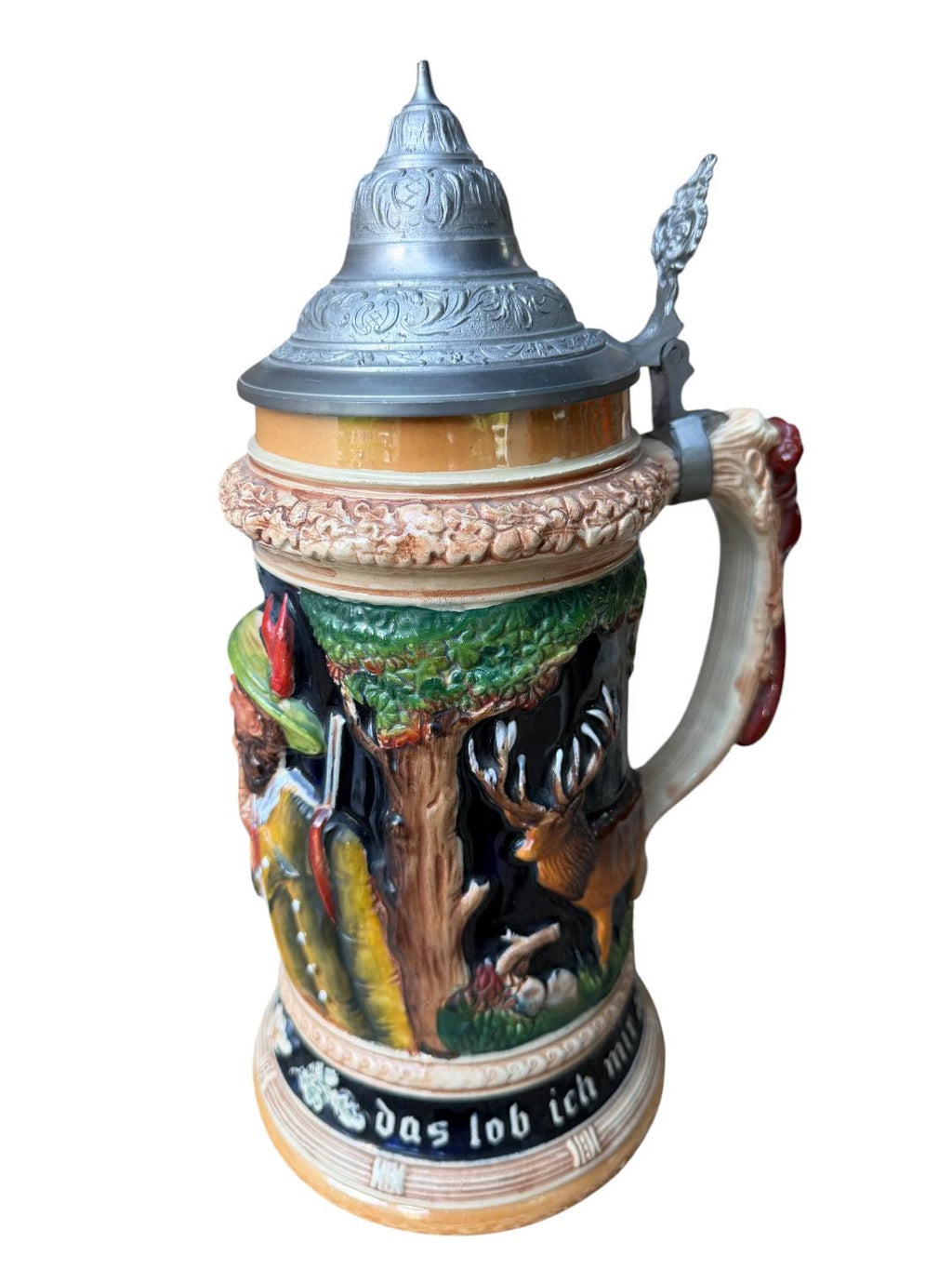 Large 2L German Stein with Hunter, Stag, and Squirrel Handle