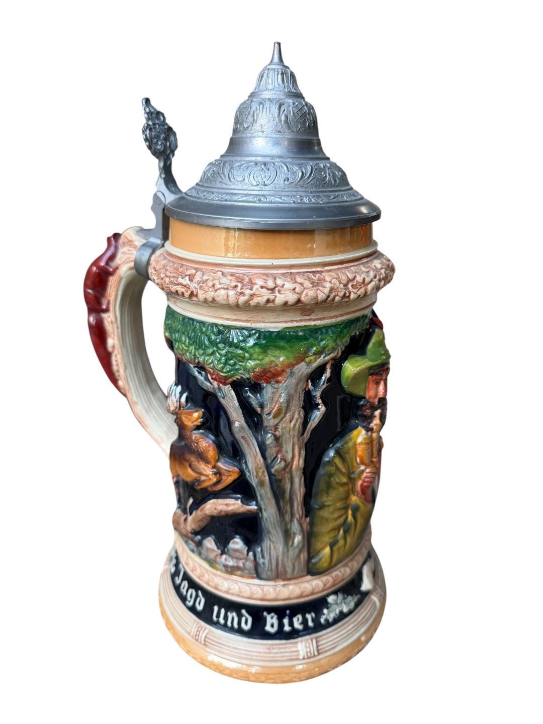 Large 2L German Stein with Hunter, Stag, and Squirrel Handle