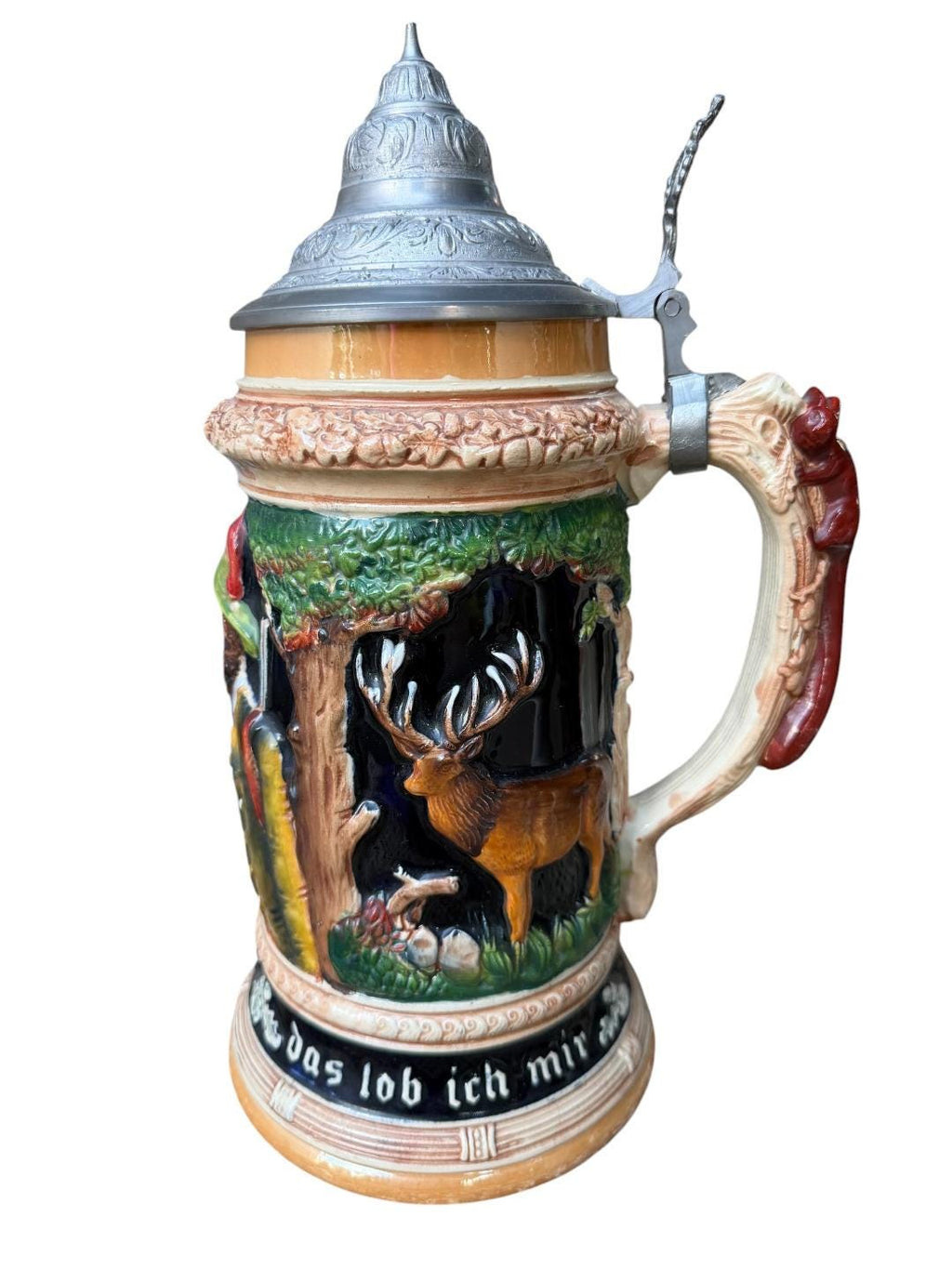 Large 2L German Stein with Hunter, Stag, and Squirrel Handle