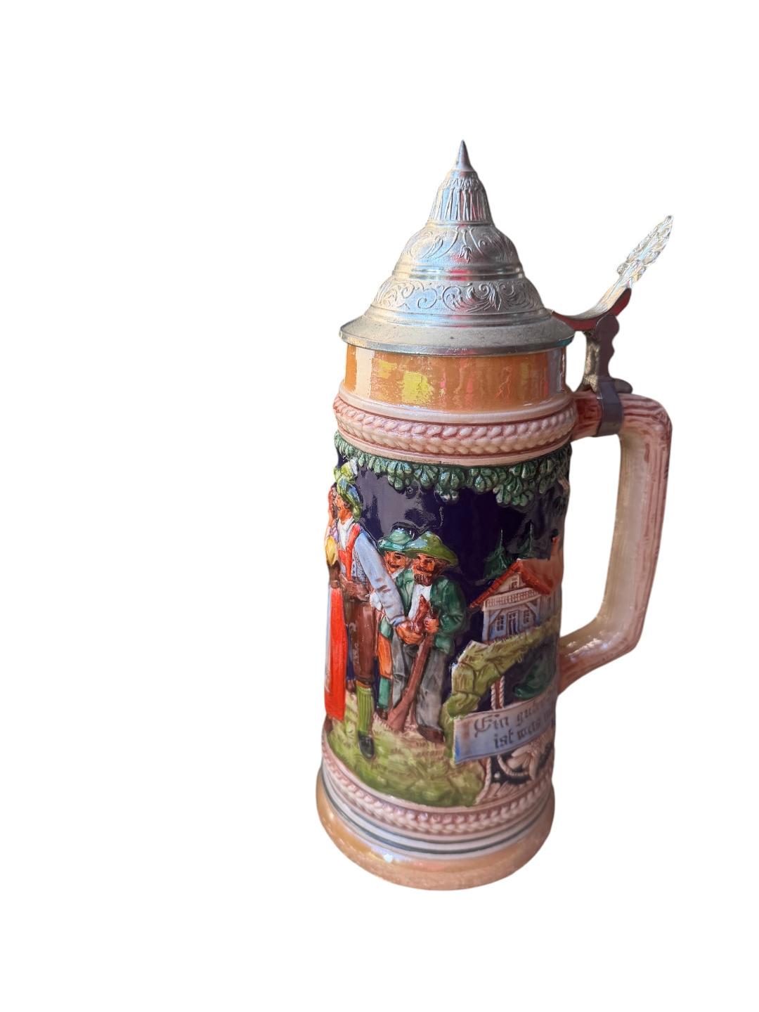 Vintage German Stein with Hunter, Stag, and Shooting Motif