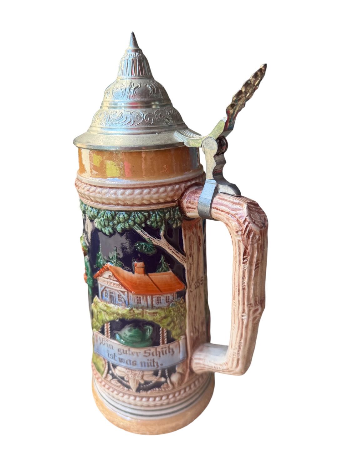 Vintage German Stein with Hunter, Stag, and Shooting Motif