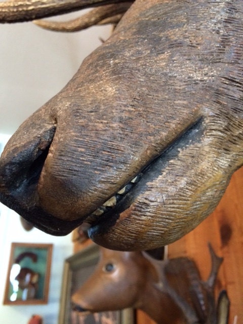 Wood Carved Antique Deer Stag Head Trophy