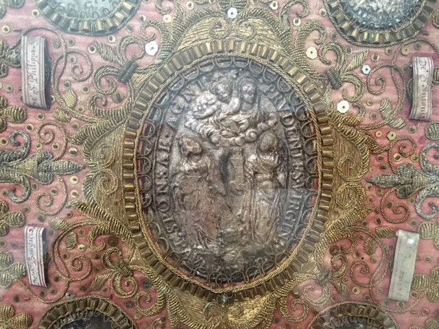 18th Century Austrian Reliquary Cloth, Saint Relics, Gold Thread Embroidery